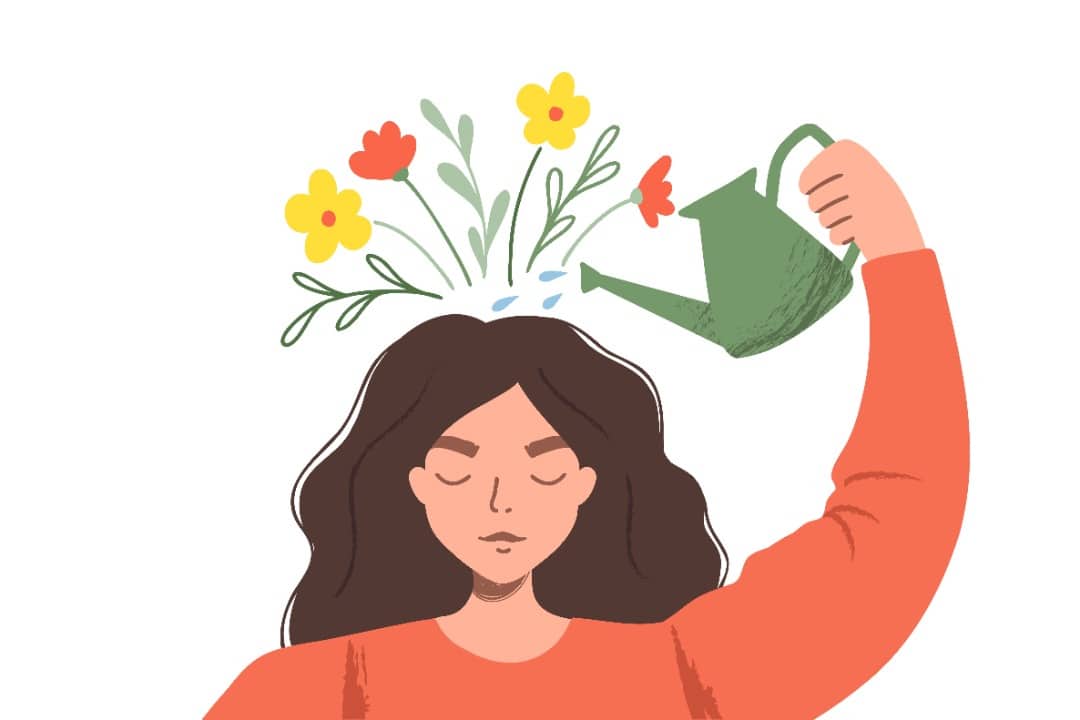 Illustrated woman water flowers sprouting from her head.
