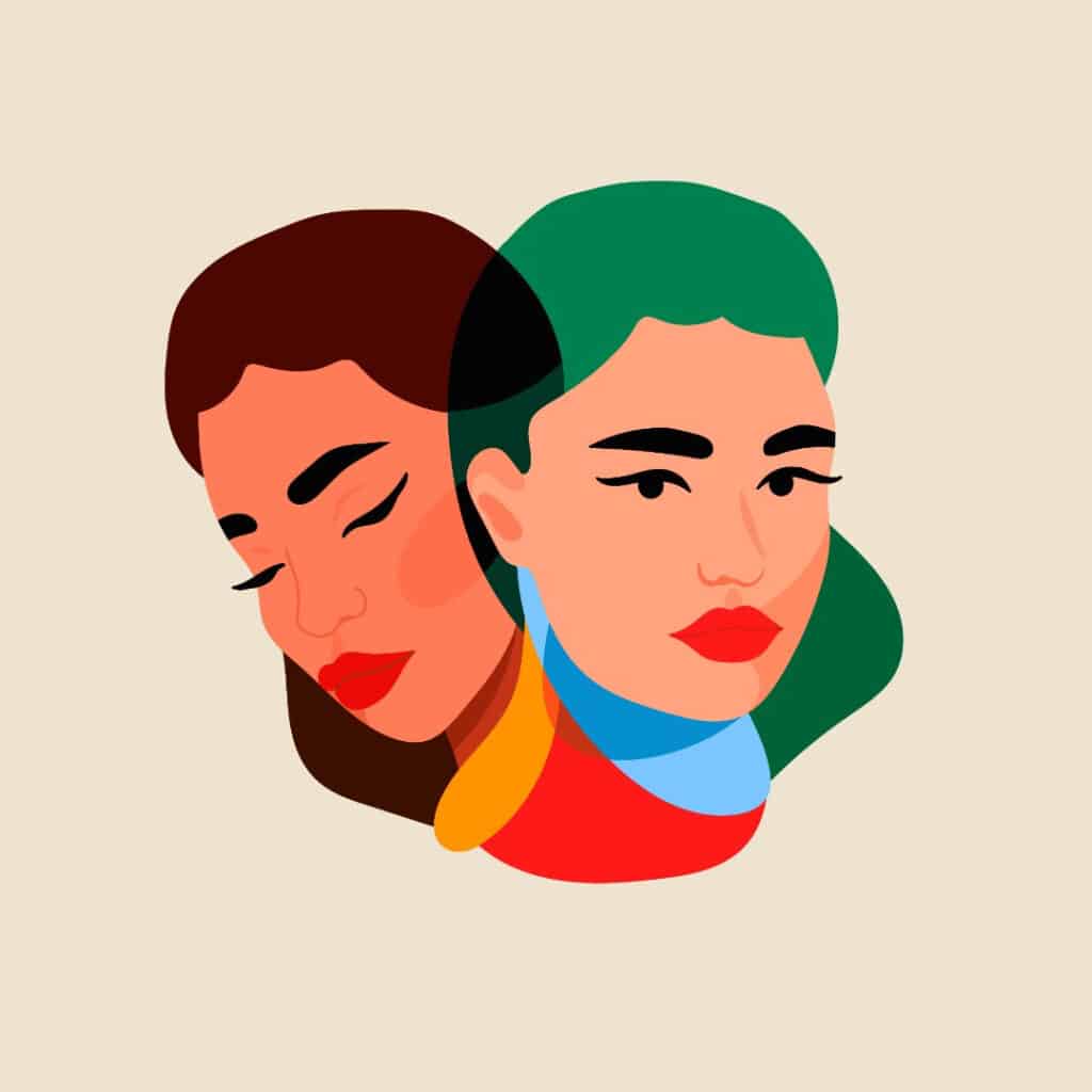 Colorful, artistic illustration of two faces.