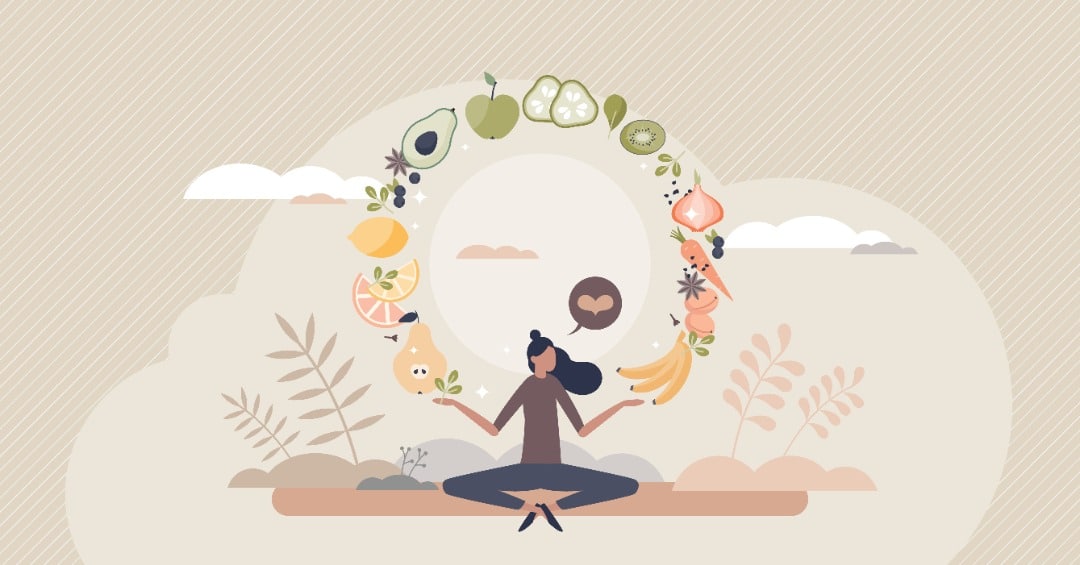 Illustrated woman sitting cross-legged with an arch of different foods over her head.