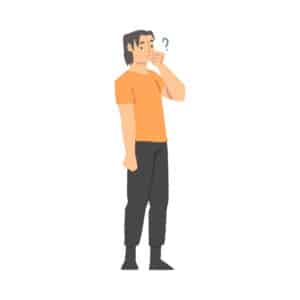 Illustrated man wearing a yellow shirt and black pants, pondering a question.