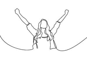 Line drawing of a female with long hair, both of her arms raised in a "V" above her head in a victorious pose.