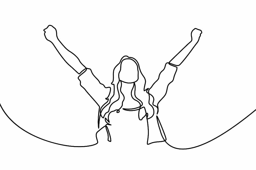 Line drawing of a female with long hair, both of her arms raised in a "V" above her head in a victorious pose.